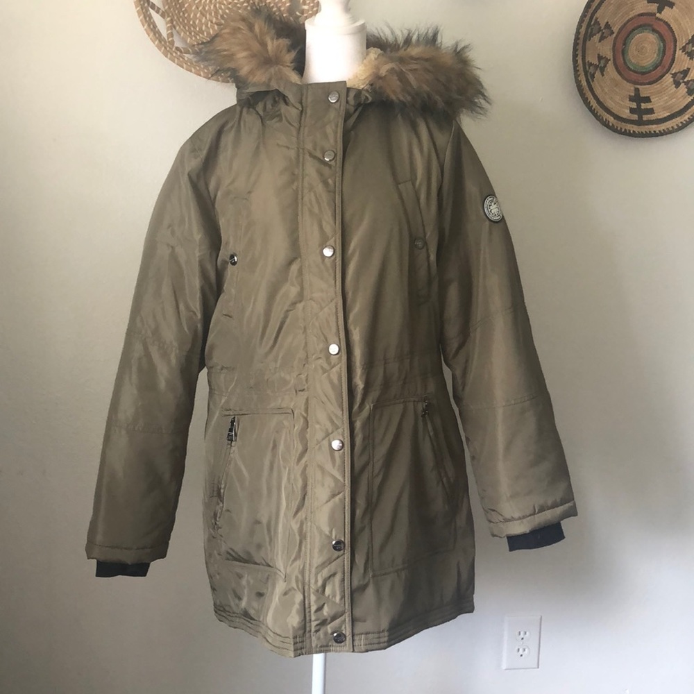 Madden Girl Green Anorak Coat Faux Fur Hood
